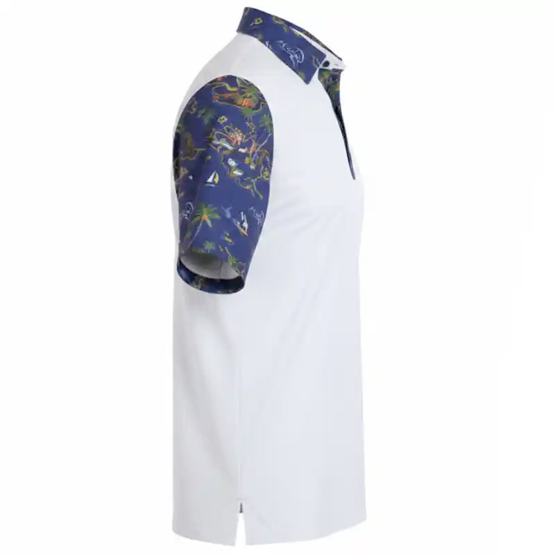 White polo shirt with blue sleeves featuring a floral pattern