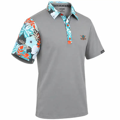 Angled front view of a grey VIP polo with teal, white and orange floral accents and a small chest logo.