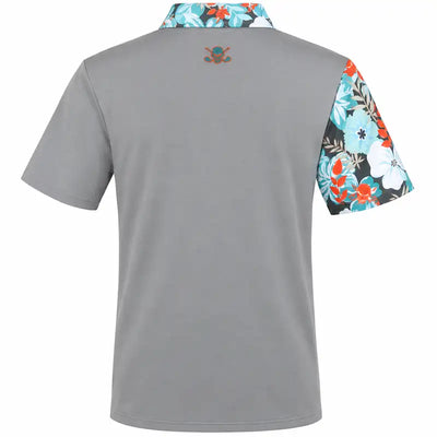 Back view of a grey VIP polo with a floral collar and right sleeve and a small upper-back logo.