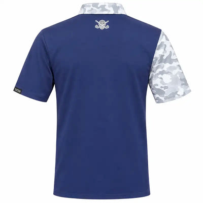 Back view of a navy VIP polo with a camouflage right sleeve and collar and small upper-back logo.