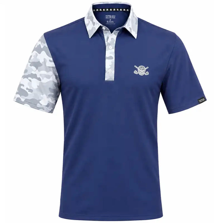 Front view of a navy VIP polo with white and grey camouflage collar, placket and right sleeve.