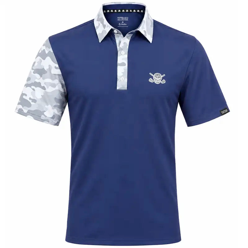 Front view of a navy VIP polo with white and grey camouflage collar, placket and right sleeve.