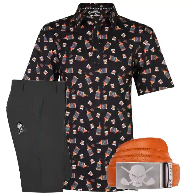 Whiskey bottle patterned golf shirt with black golf shorts and premium leather orange ratchet belt