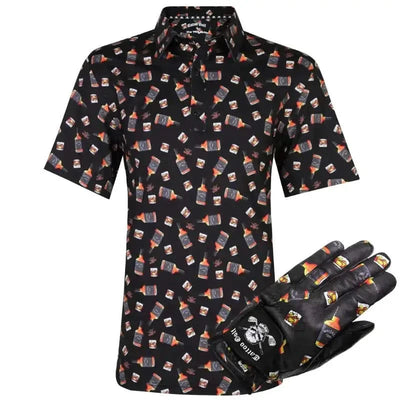 Black men's golf shirt with whiskey bottle pattern and matching glove