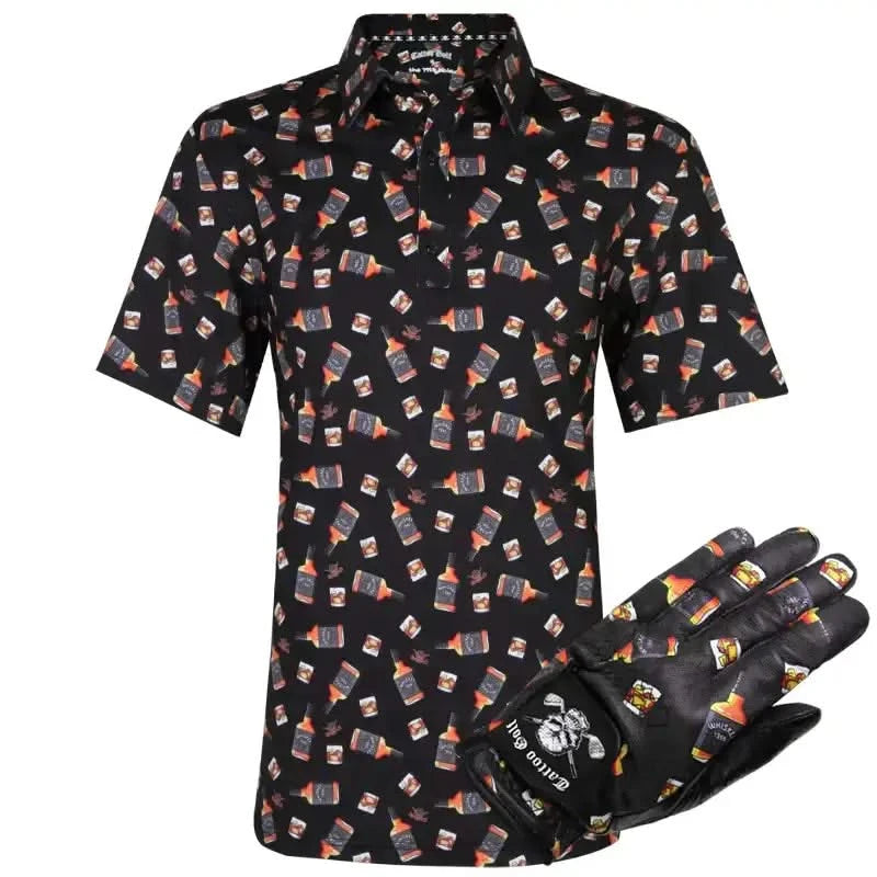 Black men's golf shirt with whiskey bottle pattern and matching glove