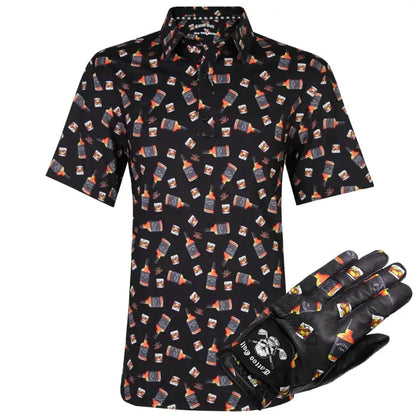 Black men's golf shirt with whiskey bottle pattern and matching glove