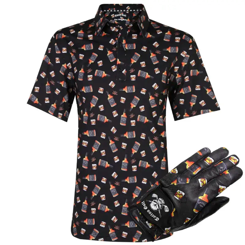 Black men's golf shirt with whiskey bottle pattern and matching glove