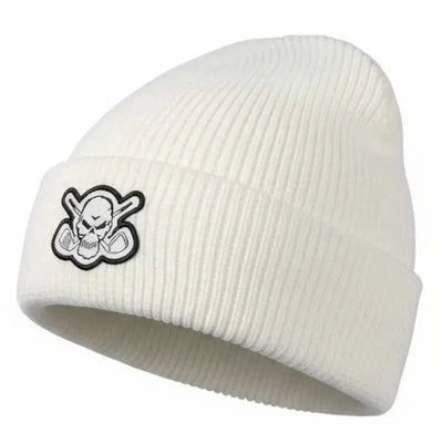 White beanie with a skull and crossclubs logo