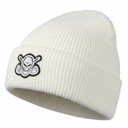 White beanie with a skull and crossclubs logo
