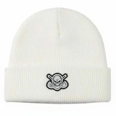 Golf beanie in white with a black skull and crossing golf clubs emblem