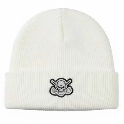 Golf beanie in white with a black skull and crossing golf clubs emblem