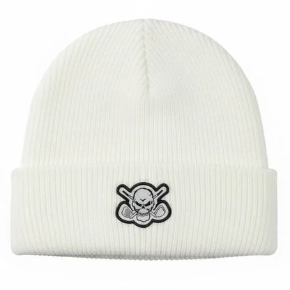 Golf beanie in white with a black skull and crossing golf clubs emblem
