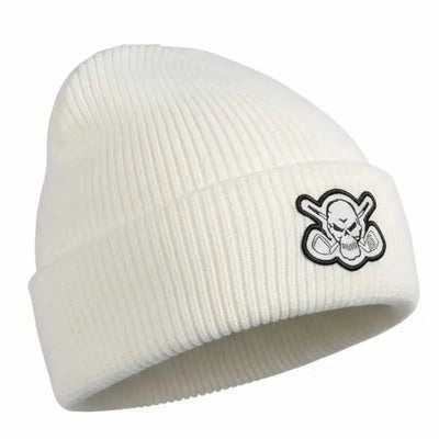 White golf beanie with a skull and crossbones logo 