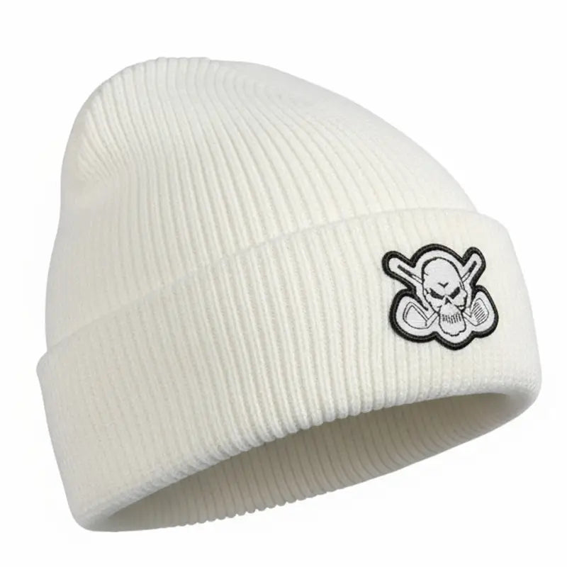White golf beanie with a skull and crossbones logo 