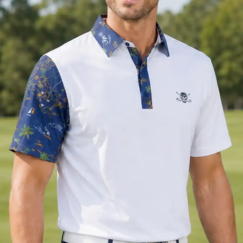 Performance men's white polo golf shirt with blue patterned sleeves and collar