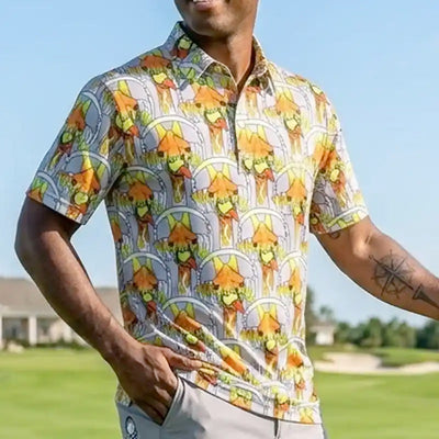 golfer wearing a colorful giraffe patterned golf shirt on a golf course