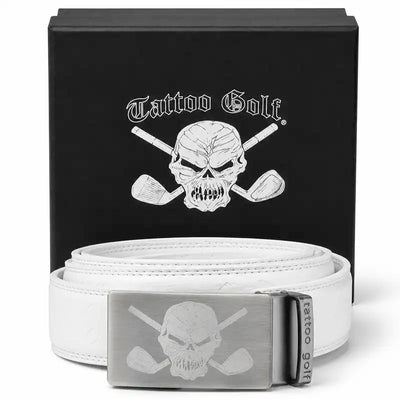Wild cool white ratchet golf belt, one size fits all with fun skull logo on the buckle 