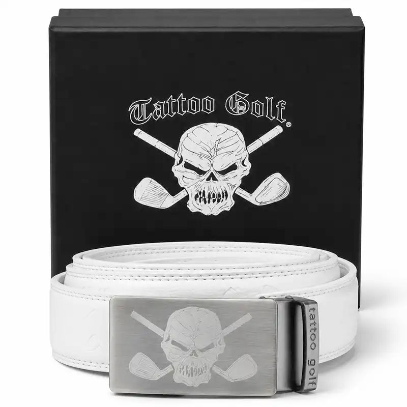 Wild cool white ratchet golf belt, one size fits all with fun skull logo on the buckle 