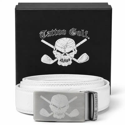 Wild cool white ratchet golf belt, one size fits all with fun skull logo on the buckle 