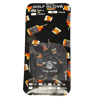 Golf glove packaging with brand logos and product details on a black background