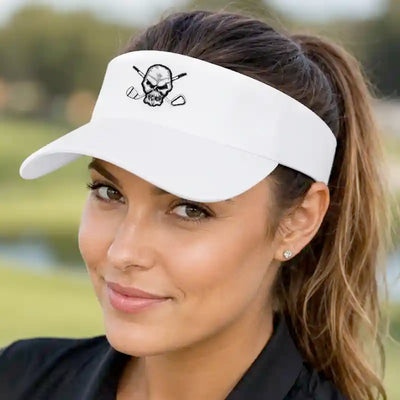 ladies golfer wearing white golf visor