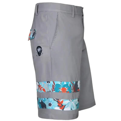 Zuma Cool-Stretch Men's Golf Shorts in gray with teal and orange aloha stripes, featuring a skull design on the waistband.